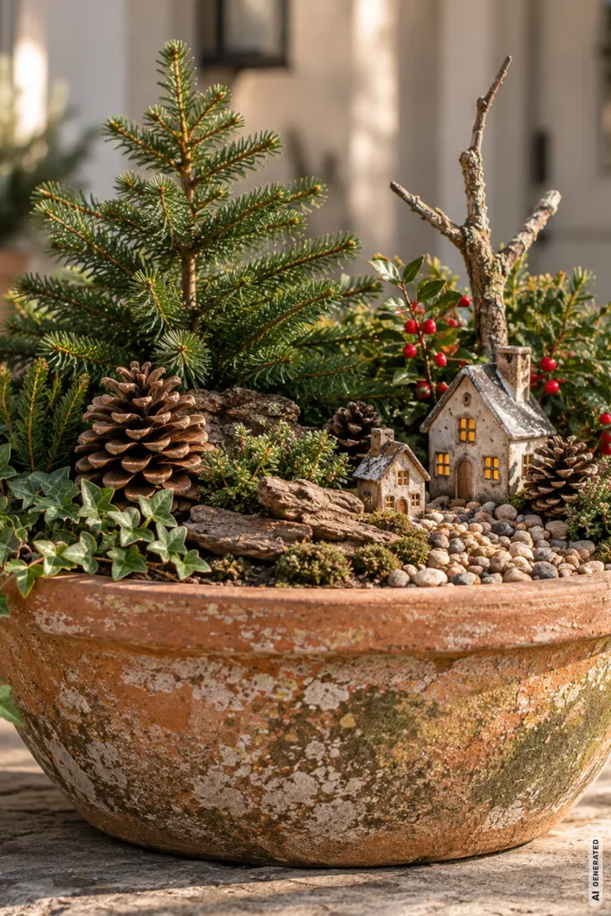 Breiter Terrakottatopf mit weihnachtlicher Miniaturlandschaft aus kleinen Häusern, Tannengrün, Kies und Zapfen.