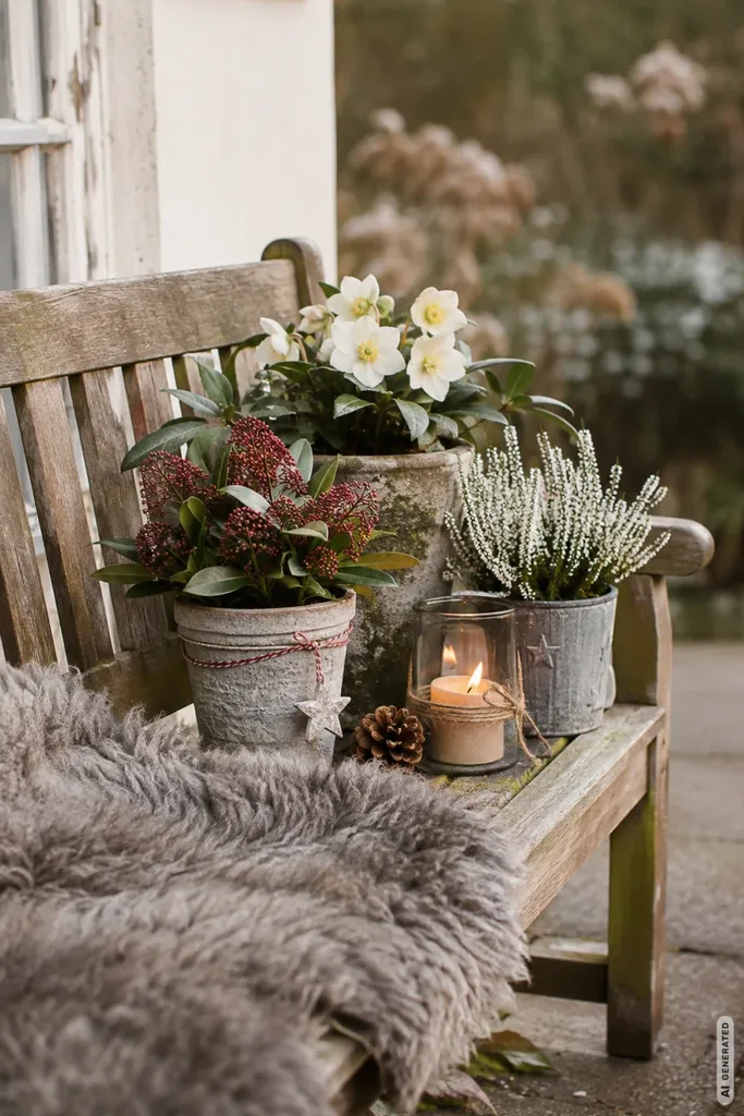 Weihnachtlich dekorierte Holzbank mit Christrosen, Skimmie, weißer Heide und Kerzenlicht in winterlicher Gartenatmosphäre.