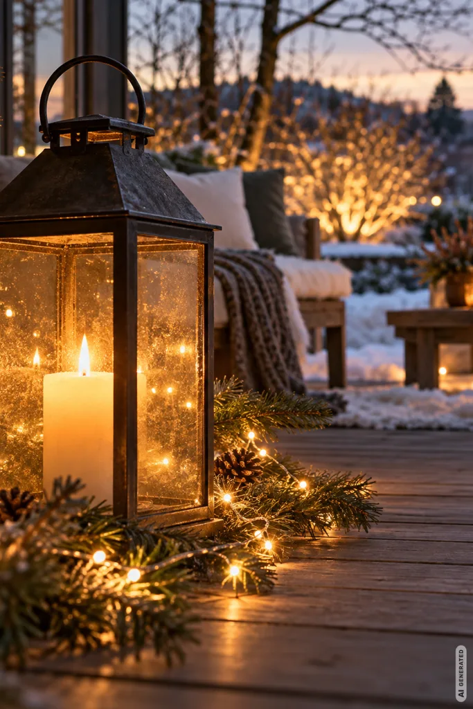 Große Laterne mit warmem Licht, Tannenzweigen und Lichterkette auf einer winterlichen Holzterrasse.