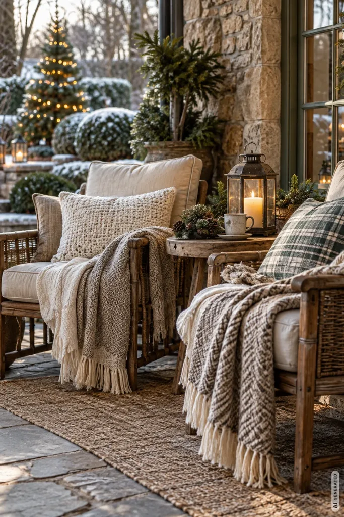 Gemütliche Sitzecke auf einer Winterterrasse mit Holzsesseln, warmen Decken, Kissen und beleuchteter Laterne.