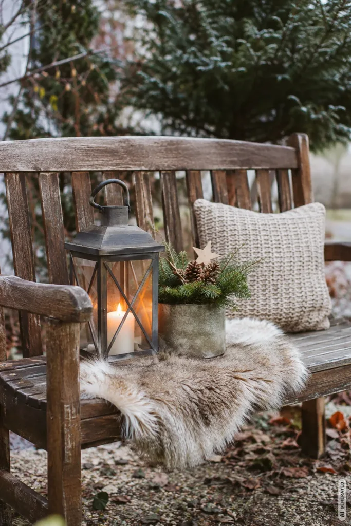 Weihnachtlich dekorierte Holzbank im Garten mit Laterne, Tannengesteck, kuscheligem Fell und gestricktem Kissen.