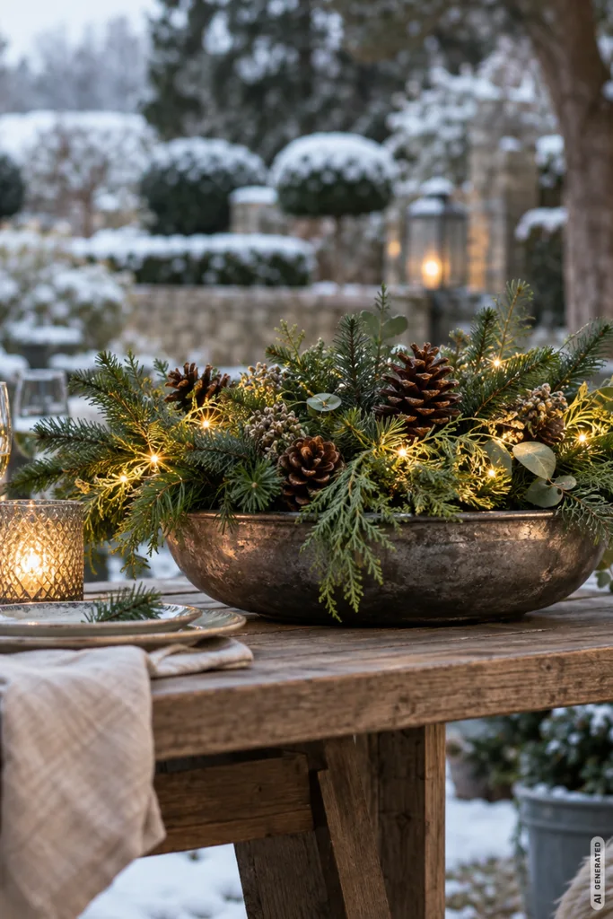 Weihnachtlich dekorierter Gartentisch mit Metallschale, Tannenzweigen, Zapfen, Lichterkette und Gläsern.