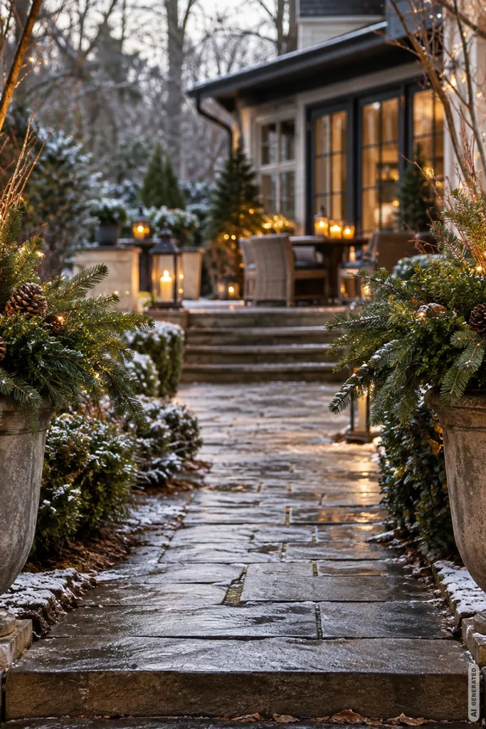 Winterlicher Gartenweg mit zwei großen Pflanzgefäßen, Tannengrün und warmen Lichterketten vor einer Terrasse.