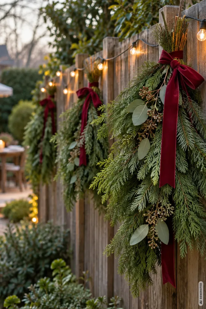 Holzgartenzaun mit Tannenzweigen, dunkelroten Schleifen und warm leuchtender Lichterkette weihnachtlich dekoriert.