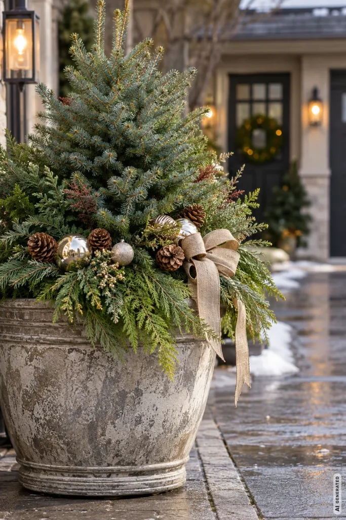 Großer Pflanzkübel mit kleiner Tanne, Tannenzapfen, goldenen Weihnachtskugeln und heller Schleife.