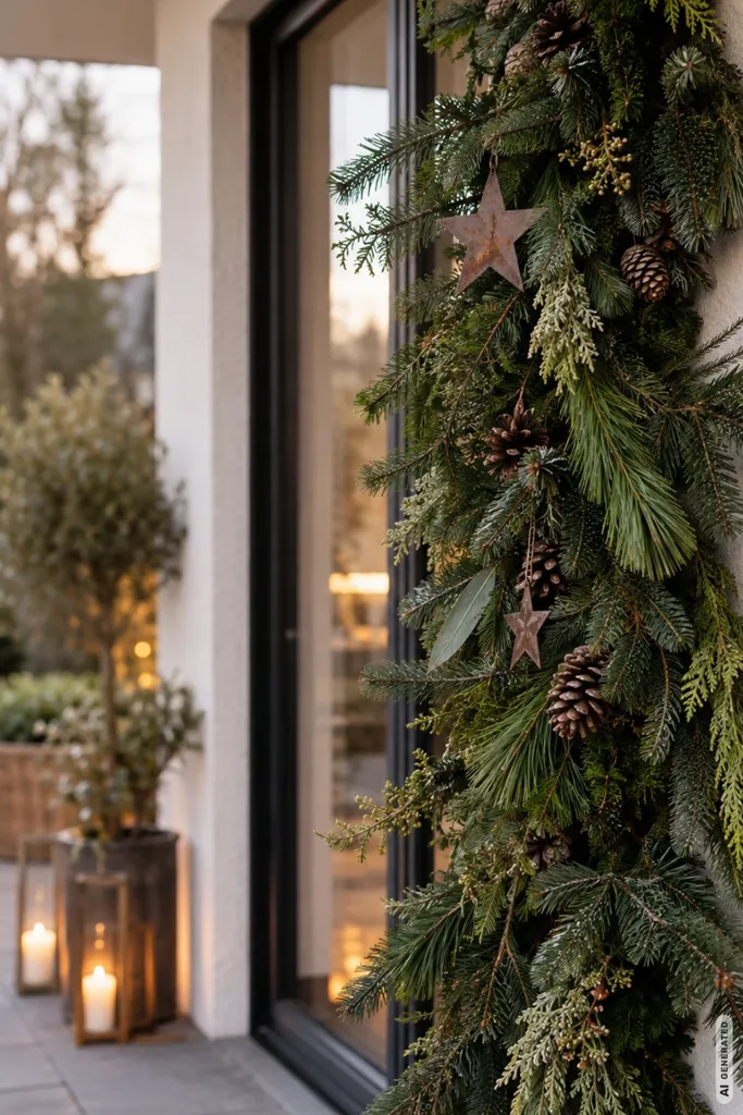 Wetterfeste Weihnachtsdeko: 5 schöne Ideen für offene Terrassen bei Frost und Schnee Wetterfeste Weihnachtsdeko für die Terrasse mit Tannengirlande, Zapfen und Metallsternen neben der Terrassentür.