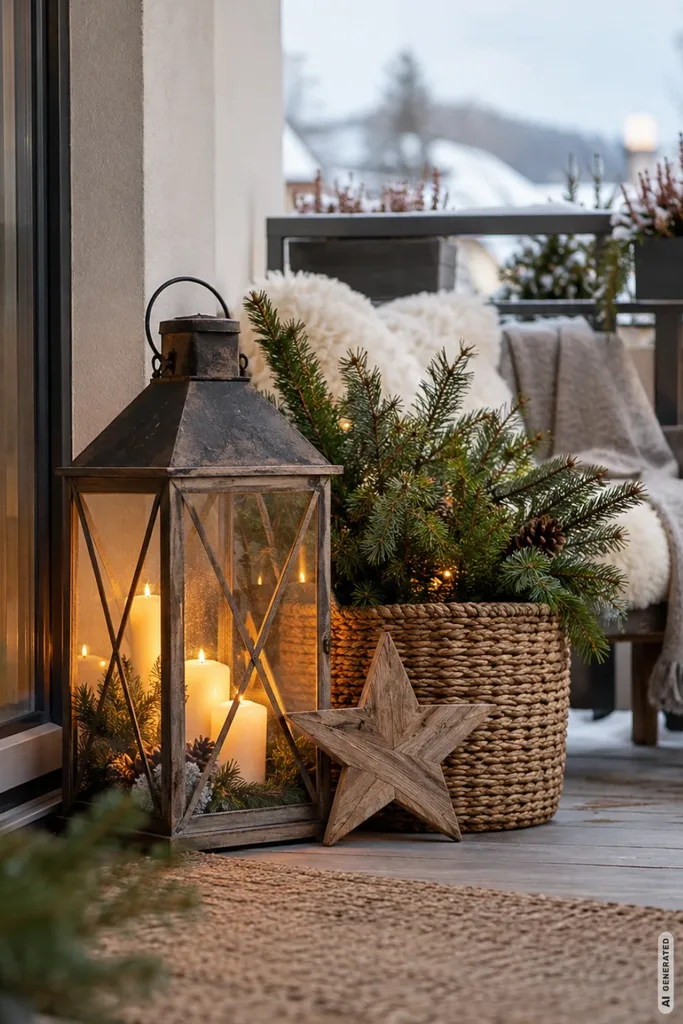Weihnachtsdeko für den Balkon mit gemütlicher Deko-Ecke, Laterne, Tannengrün und warmem Licht.