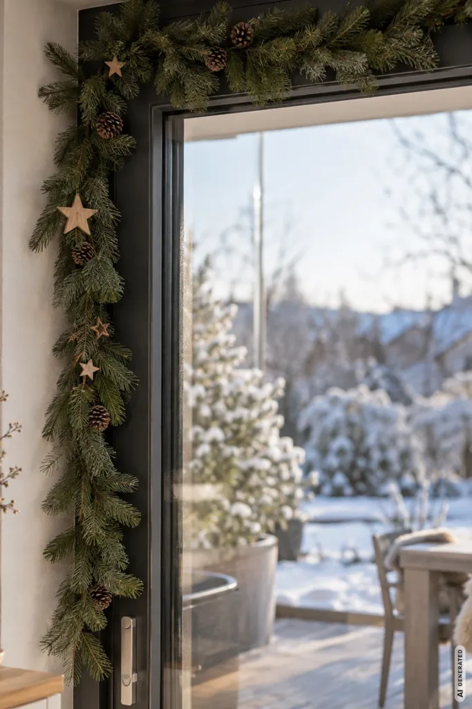Weihnachtsdeko für die Terrassentür mit Tannengirlande, Holzsternen und Zapfen an einem dunklen Türrahmen.