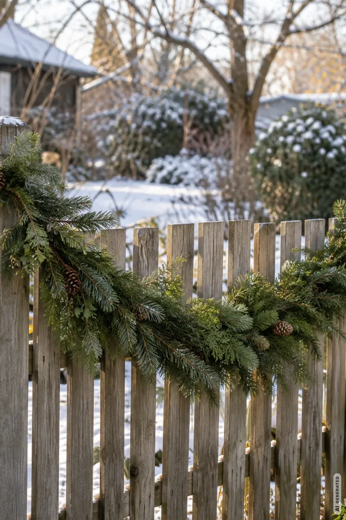 Weihnachtsdeko für den Gartenzaun: 5 einfache Ideen, die kahle Zäune verschönern Holzgartenzaun mit geschwungener Tannengirlande und Kiefernzapfen in einem winterlichen Garten.