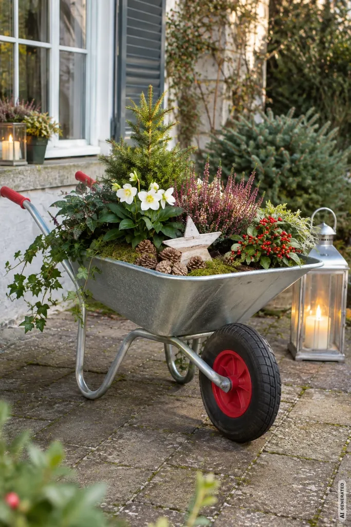 Silberne Schubkarre mit Christrosen, Nadelgrün und roten Beeren auf einer winterlichen Terrasse.