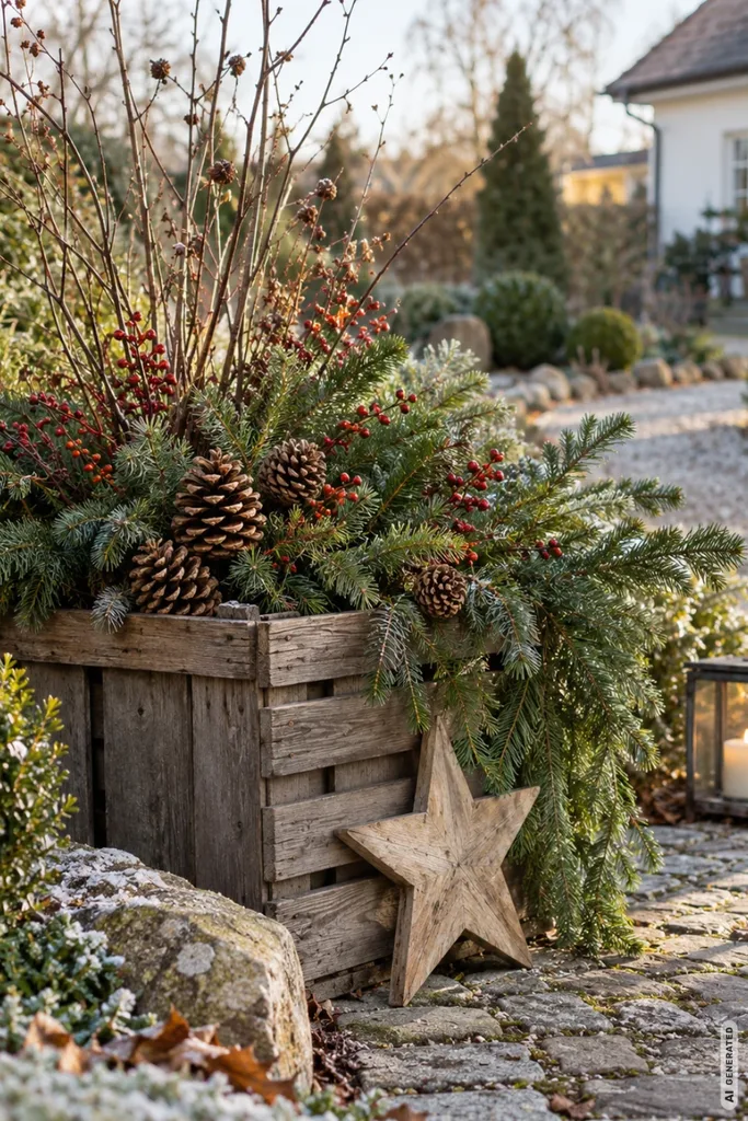 Weihnachtsdeko für den Vorgarten: 5 Ideen, die schon von der Straße aus wirken Weihnachtsdeko für den Vorgarten mit Tannenzweigen, Zapfen, Holzstern und Laterne.