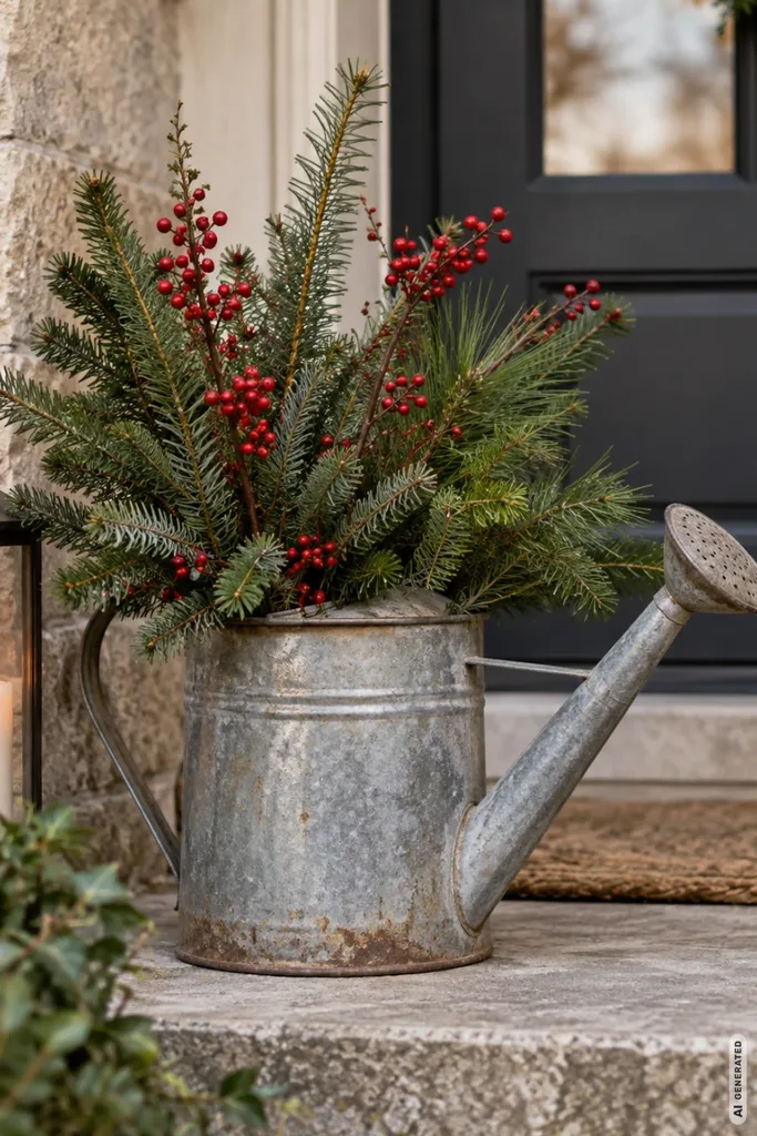 Weihnachtsdeko mit alten Gießkannen: 5 rustikale Ideen für Garten und Hauseingang Alte Zinkgießkanne mit Tannenzweigen, Kieferngrün und roten Beeren vor einer dunklen Haustür.