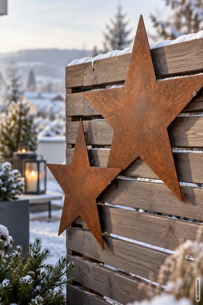 Wetterfeste Weihnachtsdeko: 5 schöne Ideen für offene Terrassen bei Frost und Schnee Wetterfeste Weihnachtsdeko für die Terrasse mit zwei rostfarbenen Metallsternen am verschneiten Sichtschutz aus Holz.
