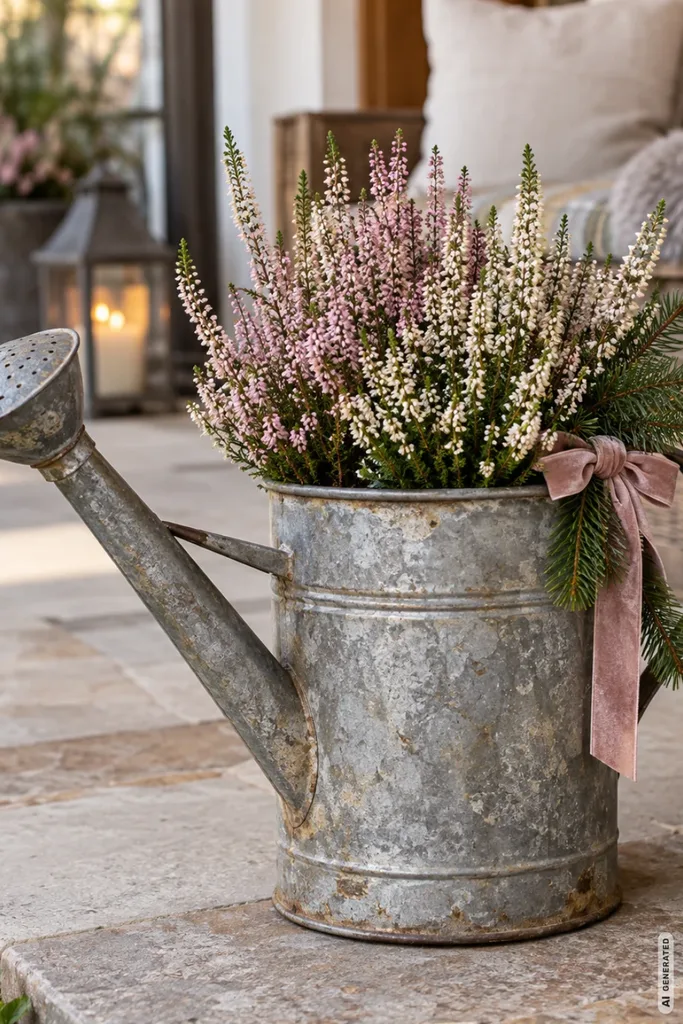 Weihnachtsdeko mit alten Gießkannen: 5 rustikale Ideen für Garten und Hauseingang Alte Zinkgießkanne mit rosa und weißer Winterheide, Tannengrün und rosafarbener Schleife auf einer Terrasse.