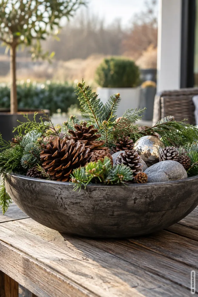Wetterfeste Weihnachtsdeko: 5 schöne Ideen für offene Terrassen bei Frost und Schnee Wetterfeste Weihnachtsdeko für die Terrasse mit Steinschale, Tannenzapfen, Zweigen und Kugeln auf einem Holztisch.