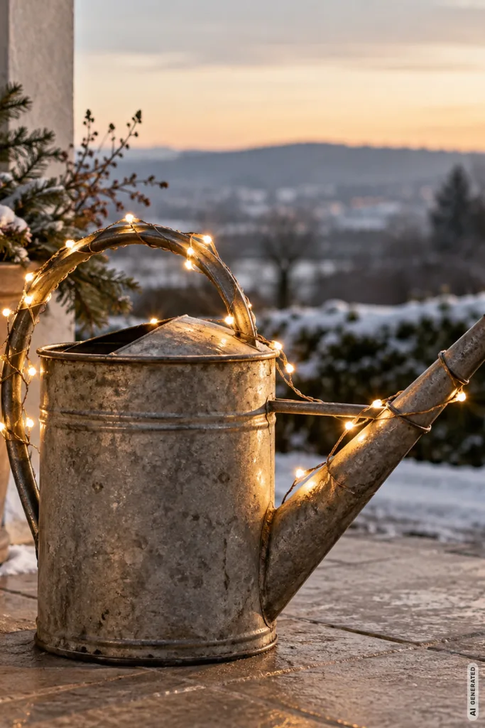 Weihnachtsdeko mit alten Gießkannen: 5 rustikale Ideen für Garten und Hauseingang Alte Zinkgießkanne mit warmweißer LED-Lichterkette auf einer winterlichen Terrasse bei Sonnenuntergang.