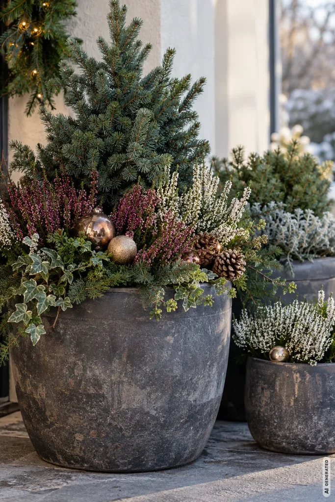 Wetterfeste Weihnachtsdeko: 5 schöne Ideen für offene Terrassen bei Frost und Schnee Wetterfeste Weihnachtsdeko für die Terrasse mit winterharten Koniferen, Schneeheide und Weihnachtskugeln in Pflanzkübeln.