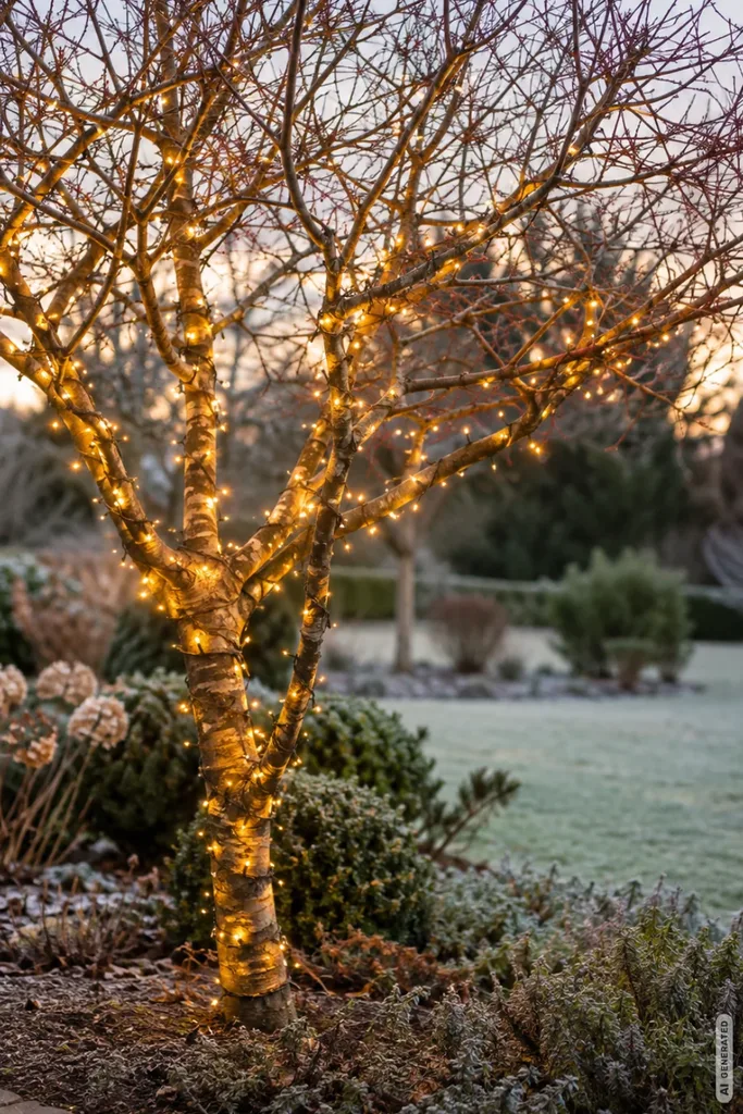 Kahler Gartenbaum mit warmweißer Lichterkette um Stamm und Äste in einem winterlichen Garten.