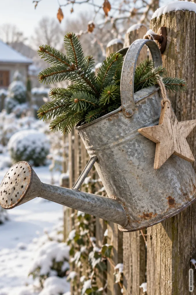 Weihnachtsdeko mit alten Gießkannen: 5 rustikale Ideen für Garten und Hauseingang Alte Zinkgießkanne mit Tannenzweigen und rustikalem Holzstern an einem verschneiten Holzzaun.