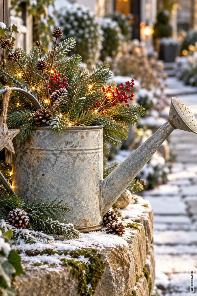 Weihnachtsdeko mit alten Gießkannen: 5 rustikale Ideen für Garten und Hauseingang Liegende alte Zinkgießkanne mit Tannenzapfen und grünen Zweigen auf einer Steinmauer neben einem Gartenweg.