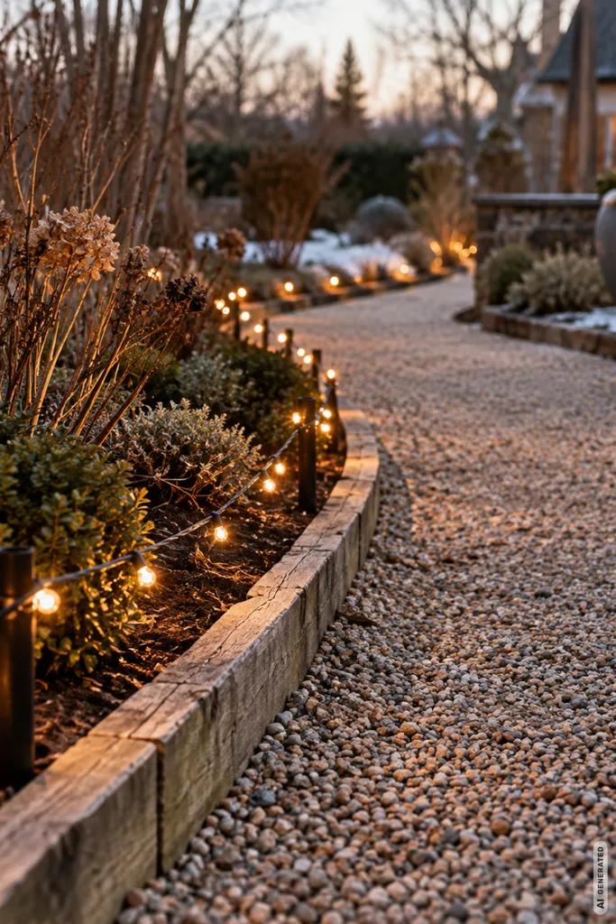 Geschwungener Kiesweg mit warmweißer Lichterkette entlang einer niedrigen Beetbegrenzung im Wintergarten.