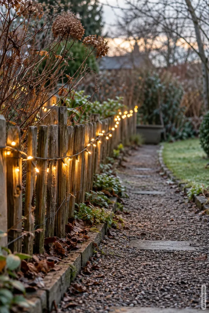 Weihnachtsdeko mit Lichterketten: 5 Ideen ohne grelles Lichtermeer im Garten Weihnachtsdeko mit Lichterketten entlang eines Gartenwegs mit Holzzaun und warmweißen Lichtern.