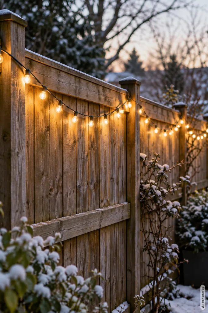 Rustikaler Holzgartenzaun mit warmweißer Lichterkette in sanften Bögen und schneebedeckten Pflanzen.