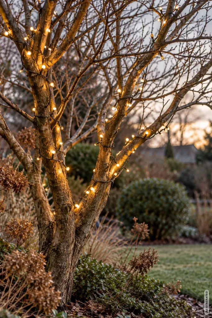 Weihnachtsdeko mit Lichterketten: 5 Ideen ohne grelles Lichtermeer im Garten Weihnachtsdeko im Garten mit warmweißer Lichterkette an einem kahlen Baum und winterlichen Sträuchern.