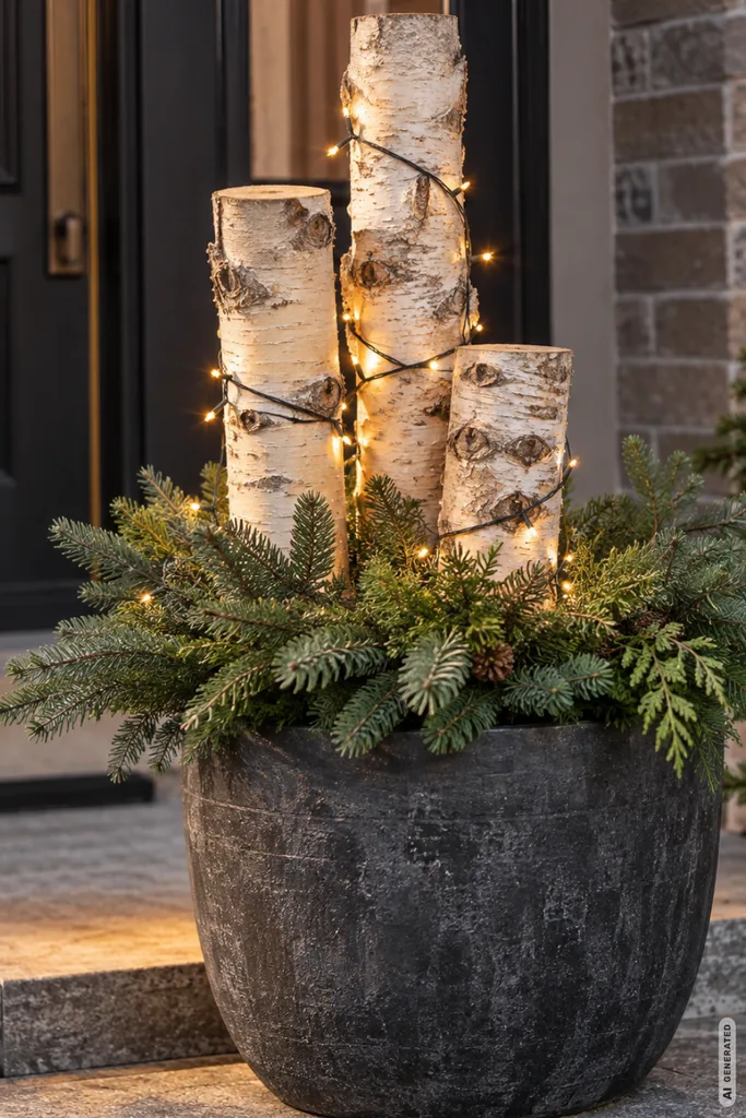Weihnachtsdeko mit Birkenstämmen: 5 natürliche Ideen, die schnell gemacht sind Drei unterschiedlich hohe Birkenstämme mit warmweißer Lichterkette und Tannengrün in einem dunklen Pflanzkübel.