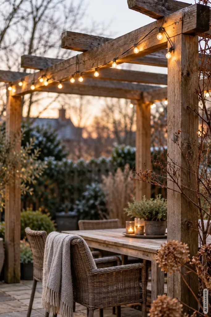 Weihnachtsdeko mit Lichterketten: 5 Ideen ohne grelles Lichtermeer im Garten Weihnachtsdeko mit Lichterketten an einer Holzpergola über einer gemütlichen Gartenterrasse.