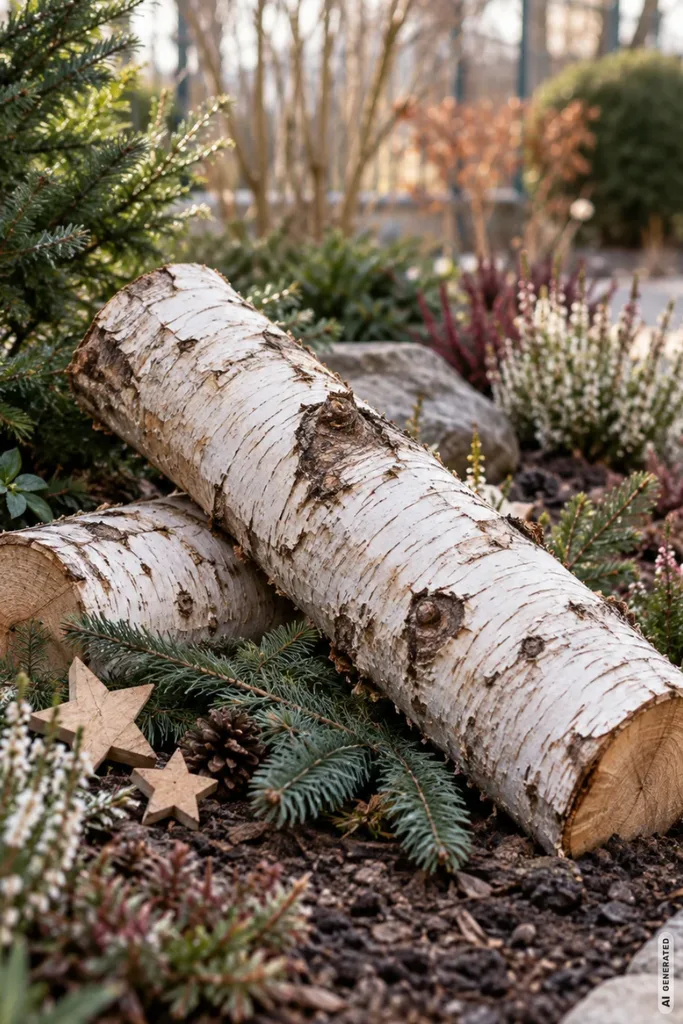 Weihnachtsdeko mit Birkenstämmen: 5 natürliche Ideen, die schnell gemacht sind Zwei liegende Birkenstämme mit Tannenzweigen, Zapfen und Holzsternen zwischen wintergrünen Pflanzen im Gartenbeet.