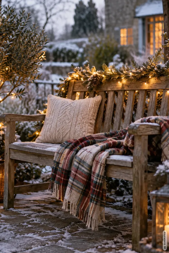 Winterliche Holzgartenbank mit Lichterkette, Tannengrün, Kissen und karierter Decke im verschneiten Garten.
