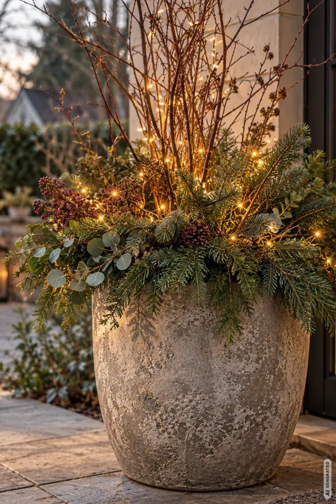Weihnachtsdeko mit Lichterketten: 5 Ideen ohne grelles Lichtermeer im Garten Weihnachtsdeko mit Lichterketten in einem großen Pflanzkübel mit Tannenzweigen und winterlichem Grün.
