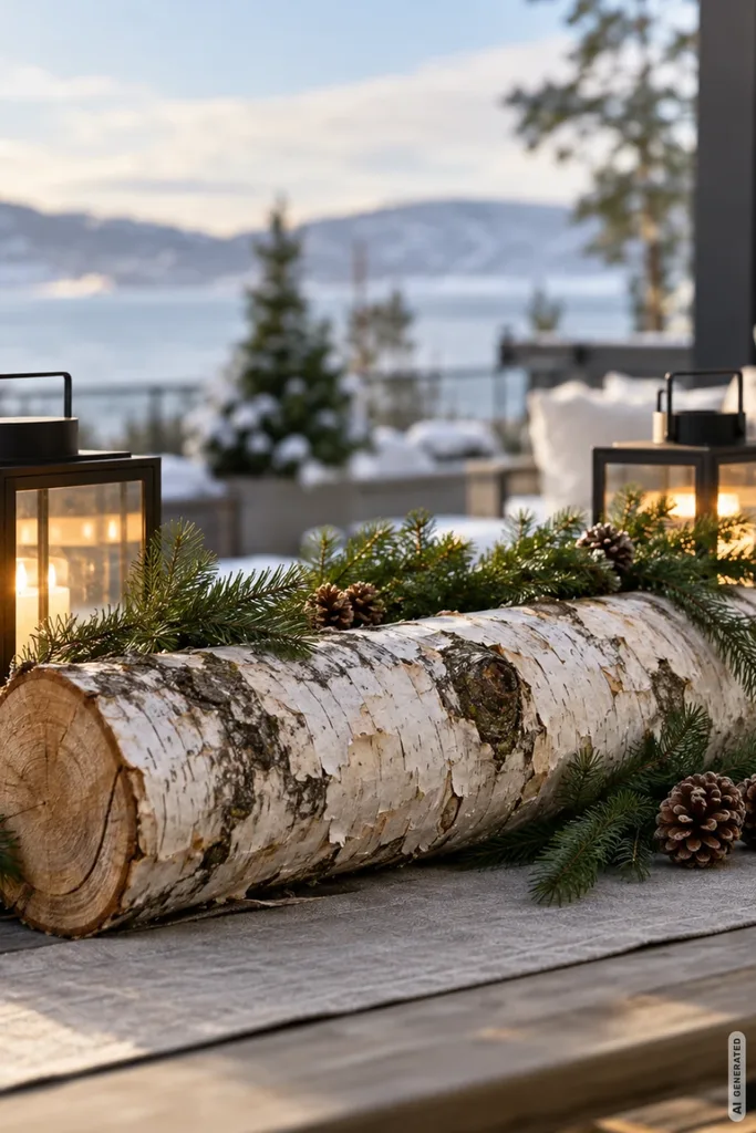 Weihnachtsdeko mit Birkenstämmen: 5 natürliche Ideen, die schnell gemacht sind Großer liegender Birkenstamm mit Tannenzweigen, Zapfen und zwei schwarzen Laternen auf einem Terrassentisch.