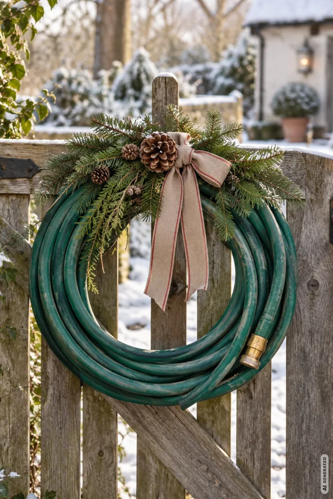 Weihnachtskranz aus aufgerolltem grünem Gartenschlauch mit Tannenzweigen, Zapfen und Schleife an einem Holztor.