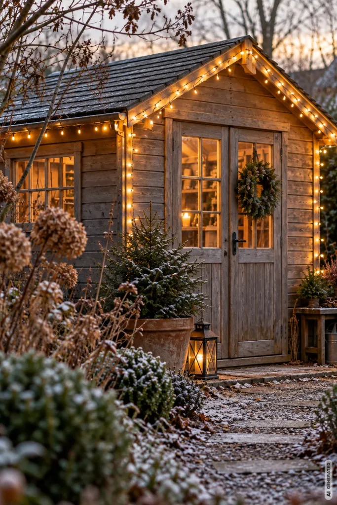 Weihnachtsdeko mit Lichterketten: 5 Ideen ohne grelles Lichtermeer im Garten Weihnachtsdeko mit warmweißen Lichterketten am Dach eines Gartenhauses in einem winterlichen Garten.