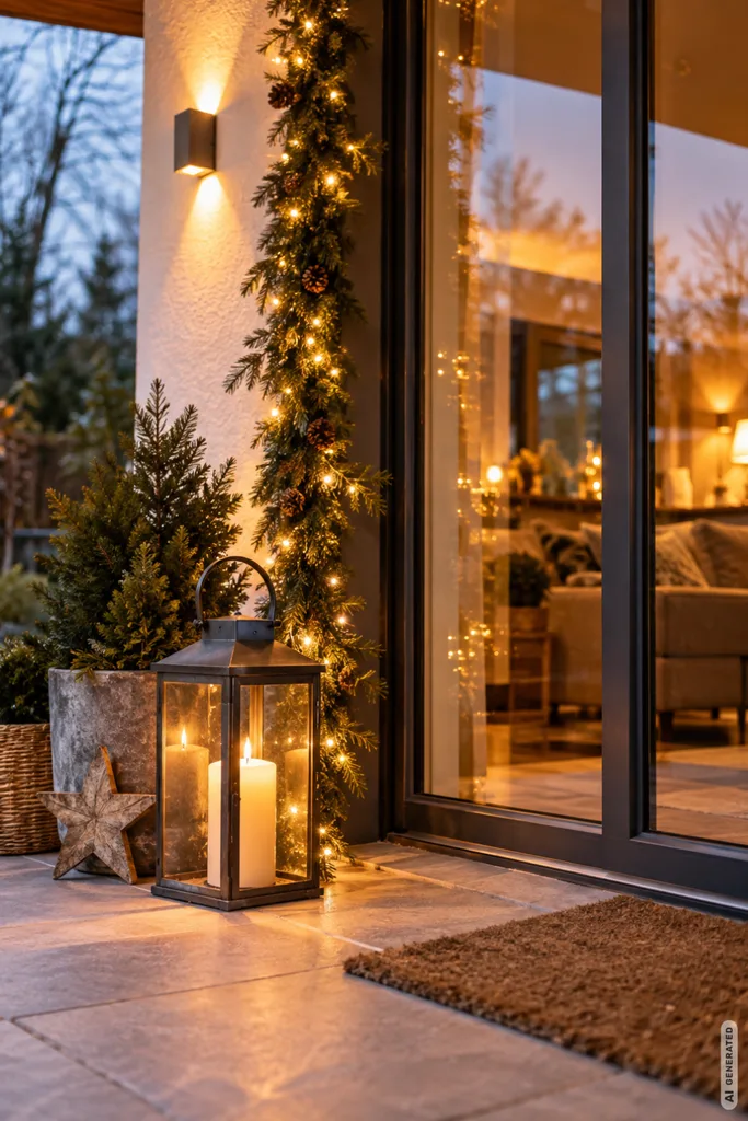 Weihnachtsdeko für die Terrassentür mit warmweißer Lichterkette, Tannengirlande und leuchtender Laterne auf der Terrasse.
