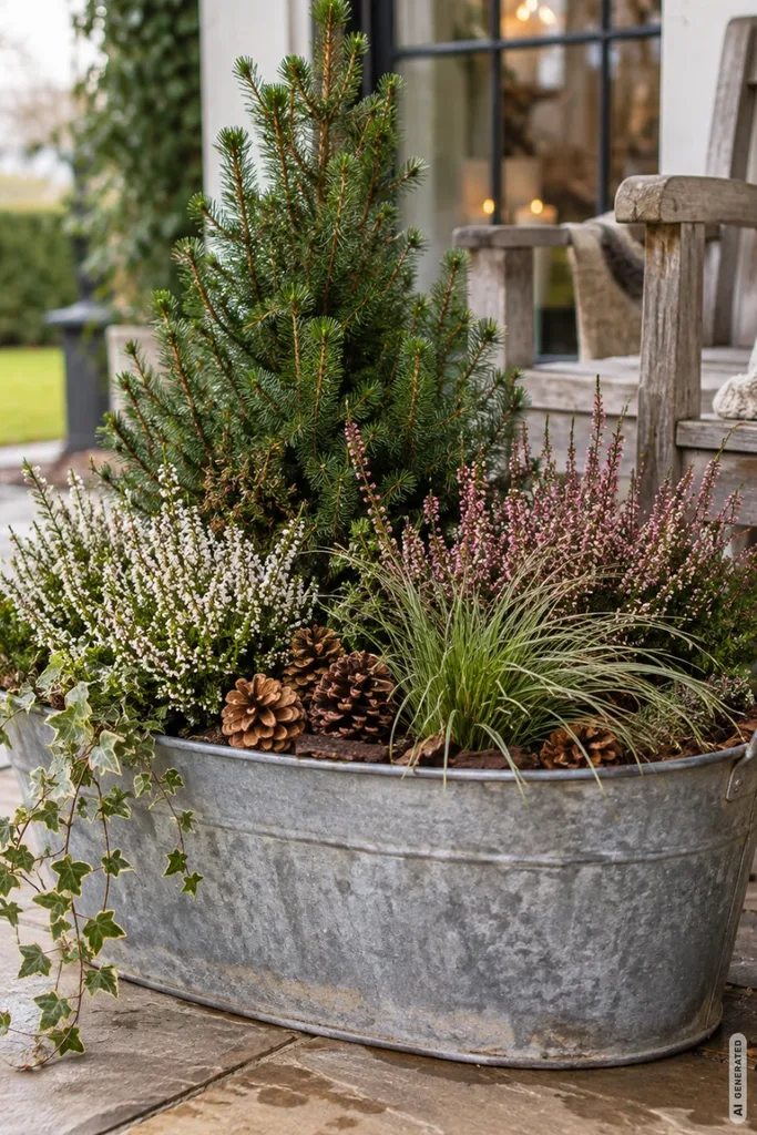 Alte Zinkwanne mit kleiner Konifere, Heidekraut, Ziergras und Tannenzapfen auf einer winterlichen Terrasse.