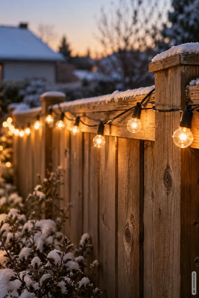 Weihnachtsdeko für den Gartenzaun: 5 einfache Ideen, die kahle Zäune verschönern Holzgartenzaun mit warmweiß leuchtender Lichterkette und Schnee in der winterlichen Abenddämmerung.