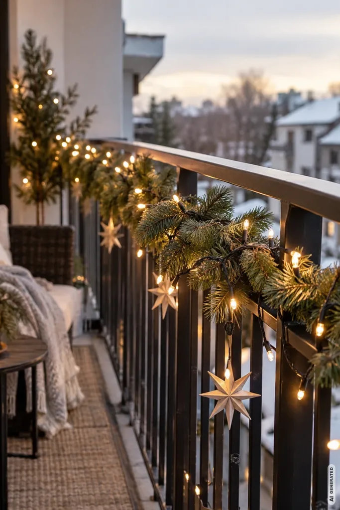 Weihnachtsdeko für den Balkon mit Tannengirlande, Sternen und Lichterkette am Balkongeländer.