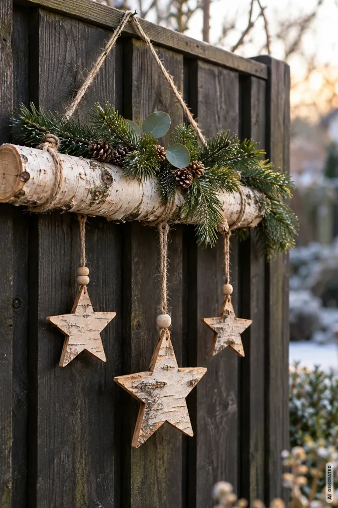 Weihnachtsdeko mit Birkenstämmen: 5 natürliche Ideen, die schnell gemacht sind Waagerecht hängender Birkenstamm mit Tannengrün, Zapfen und drei Holzsternen an einem dunklen Gartenzaun.