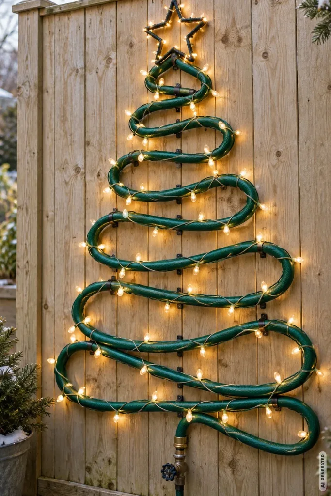 Weihnachtsbaum aus grünem Gartenschlauch mit warmweißer Lichterkette an einem hellen Holzzaun befestigt.