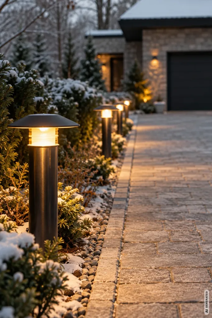 Weihnachtsdeko für die Einfahrt: 5 Ideen, die schon beim Heimkommen begeistern Warmweiße Wegeleuchten entlang einer verschneiten Einfahrt mit Pflastersteinen und moderner Garage.