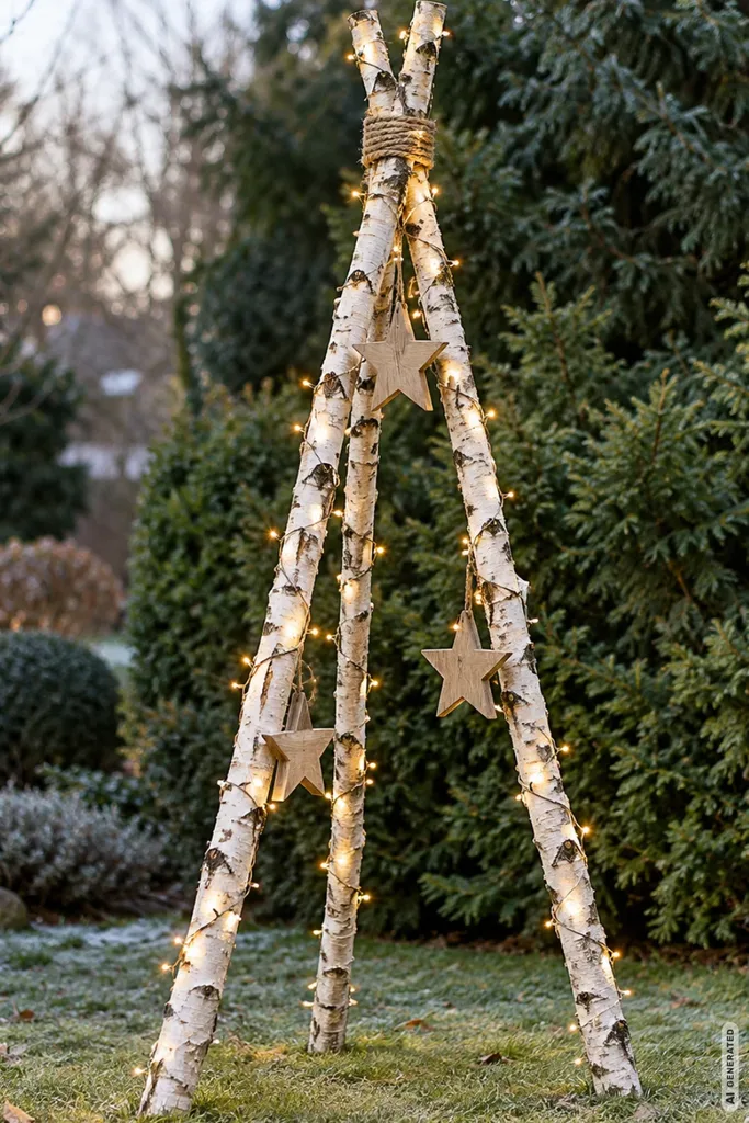 Weihnachtsdeko mit Birkenstämmen: 5 natürliche Ideen, die schnell gemacht sind Drei aufgestellte Birkenstämme als Weihnachtsbaum mit warmweißer Lichterkette und Holzsternen vor einer grünen Hecke.
