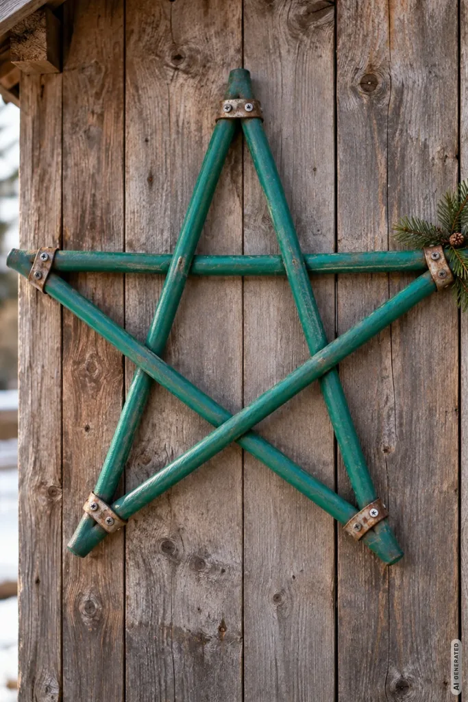 Großer fünfzackiger Weihnachtsstern aus grünen Gartenschlauchstücken mit Metallschellen an einer alten Holzwand.
