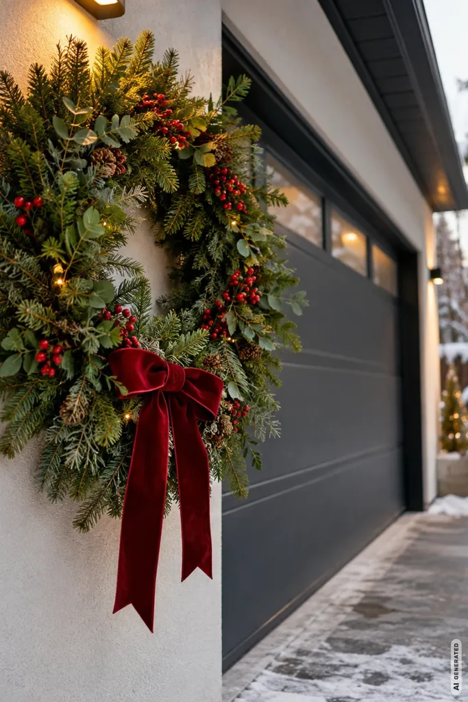 Weihnachtsdeko für die Einfahrt: 5 Ideen, die schon beim Heimkommen begeistern Großer Weihnachtskranz aus Tannengrün mit roten Beeren und Schleife an einer Garagenwand.
