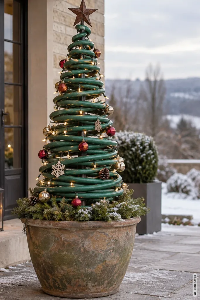 Weihnachtsbaum aus spiralförmig gewickeltem grünem Gartenschlauch mit Lichterkette und Kugeln in einem Pflanzkübel.