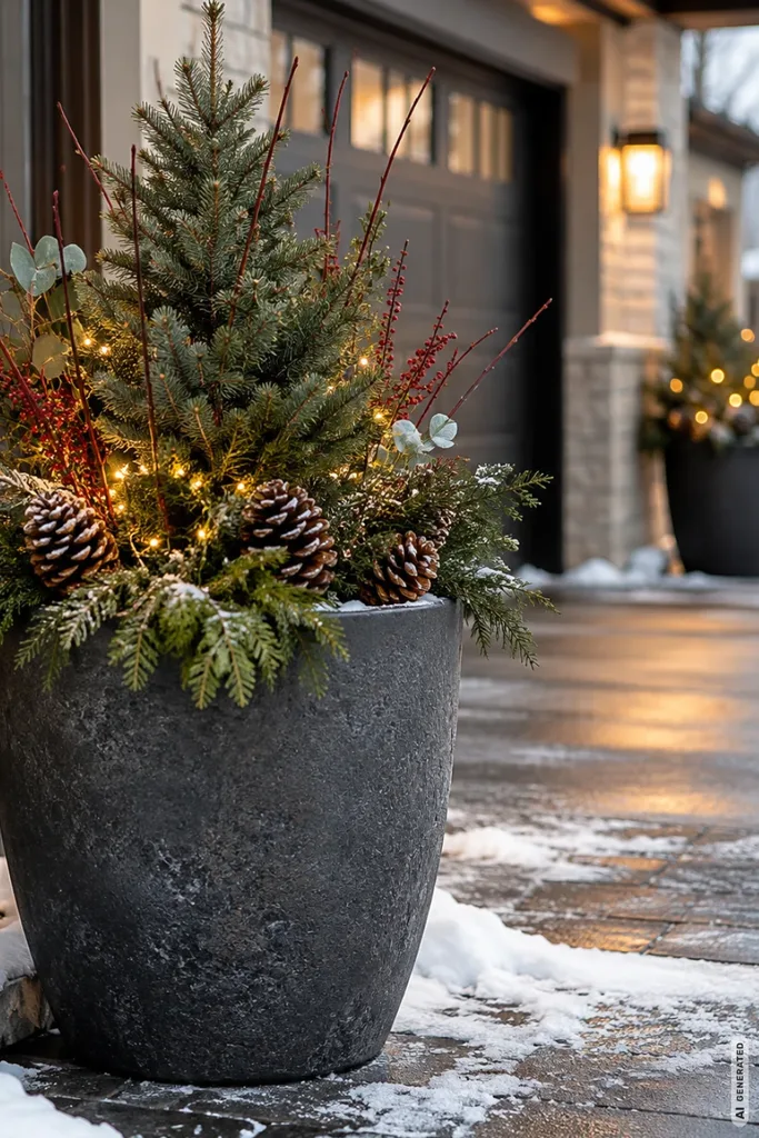 Weihnachtsdeko für die Einfahrt: 5 Ideen, die schon beim Heimkommen begeistern Großer grauer Pflanzkübel mit Nadelgehölz, Tannenzapfen und Lichterkette neben einer verschneiten Einfahrt.