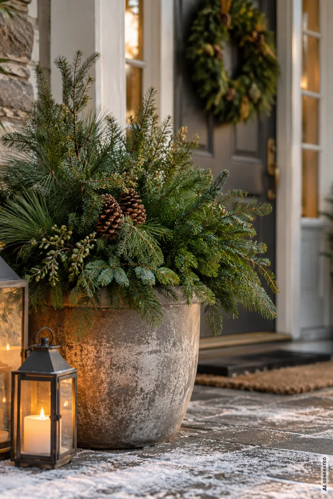 Weihnachtsdeko am Hauseingang mit großem Pflanzkübel voller Tannenzweige, Zapfen und zwei leuchtenden Laternen.