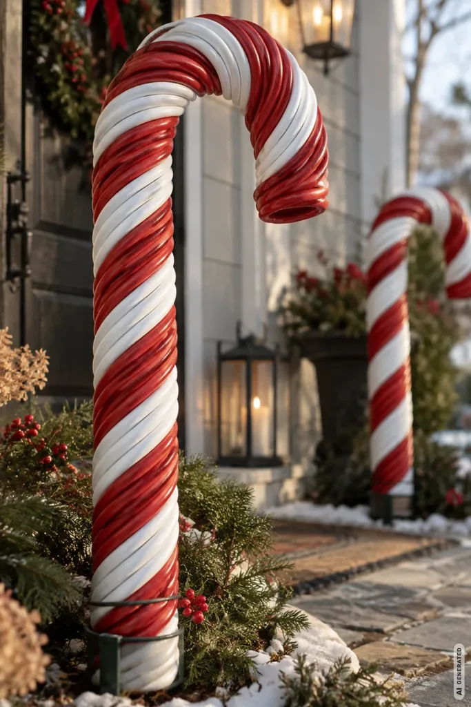 Zwei große rot-weiße Zuckerstangen aus Gartenschläuchen stehen zwischen winterlichen Pflanzen vor einem Hauseingang.